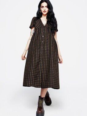Disturbia Rydal Check Button Up Midi Dress - Brown - 12